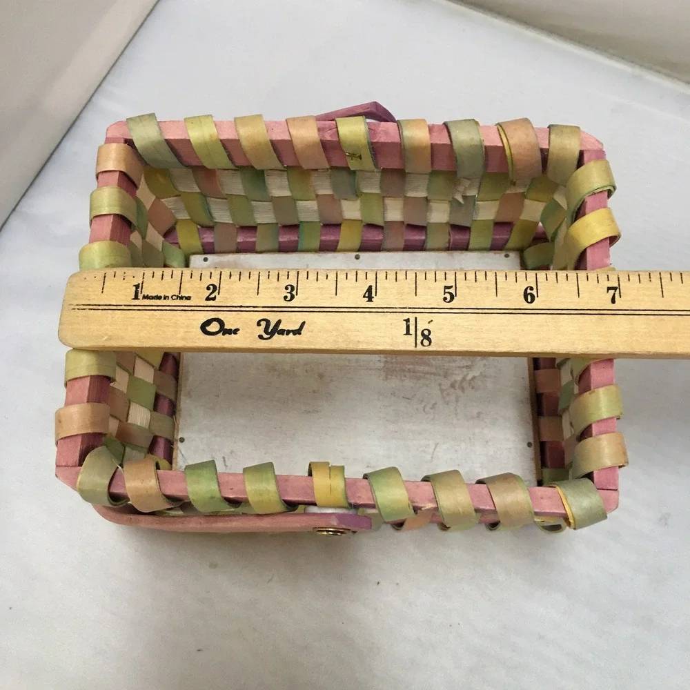 Woven Wood Basket Home Decor Small Multicolor Pastel Spring Swing Handle